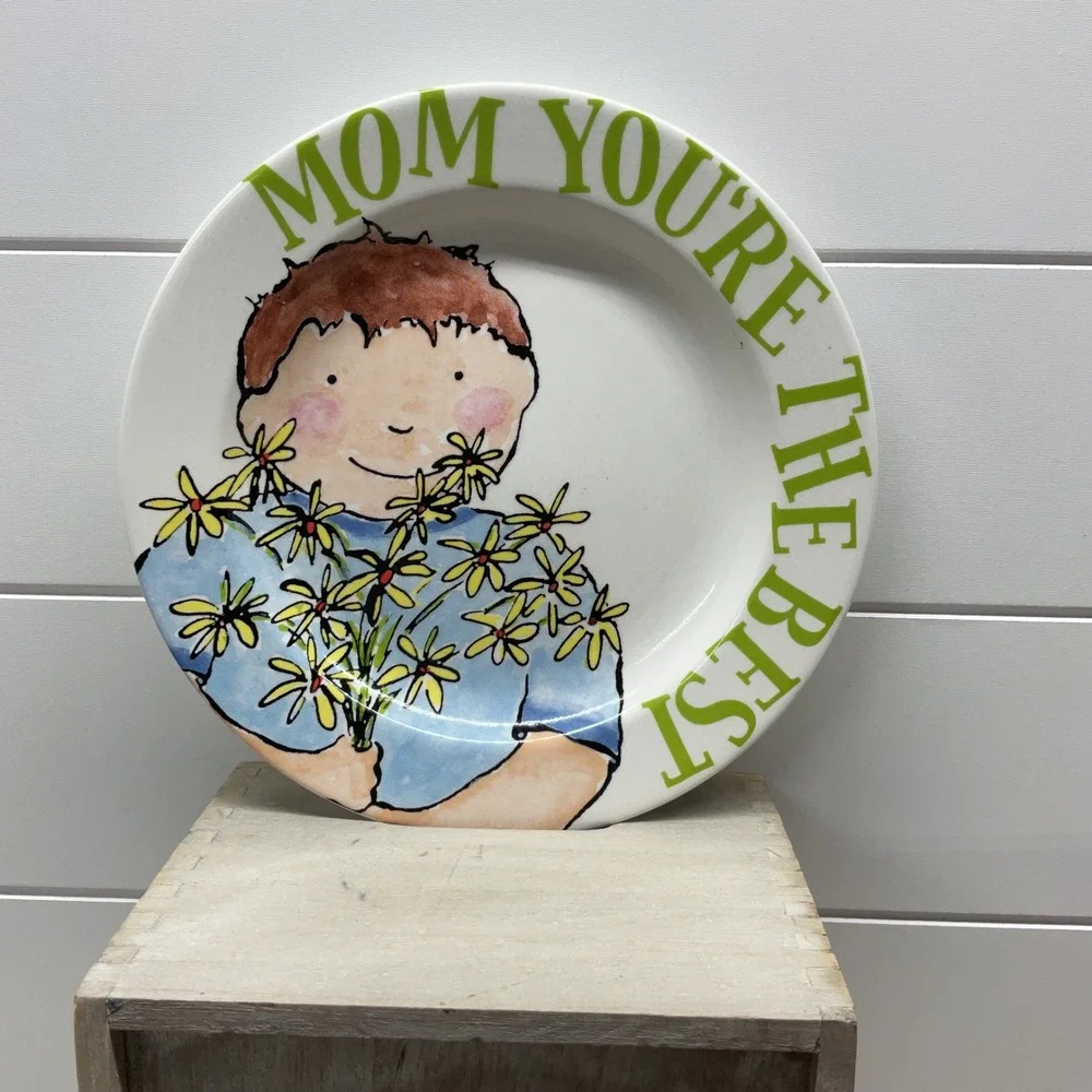 CR Table Mom You're The Best Ceramic Collector Plate Boy Yellow Daisies 8.25